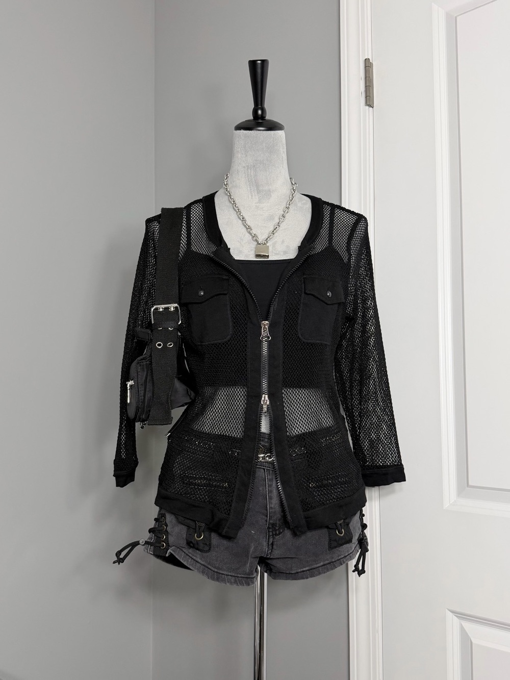 Y2K Bianca Black Fishnet Mesh 3/4 Sleeve Double Zipper Jacket